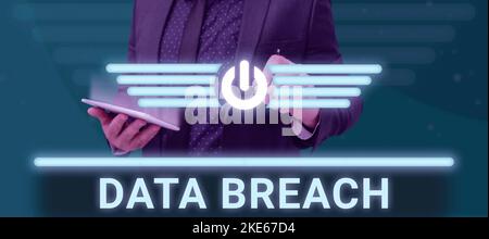 Textüberschrift mit einer Darstellung von Datenschutzverletzungen. Business Showcase unbefugte Freigabe vertraulicher und gesicherter Daten Stockfoto