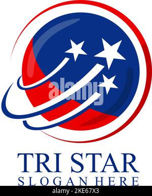 Logo von drei Sternen, die über die Erde fliegen Stock Vektor