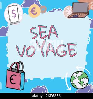 Textunterschrift mit Darstellung der Seefahrt. Geschäftsübersicht Fahren auf dem Boot durch Ozeane in der Regel für Küstenländer Stockfoto