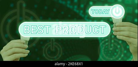 Schild mit dem Titel „Bestes Produkt“. Wort über ein bestimmtes gut geschrieben, das in seiner Vielfalt sehr geschätzt wird Stockfoto