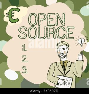 Text mit Inspiration Open Source. Der Geschäftsansatz enthält den Quellcode, der geändert und verbessert werden kann Stockfoto