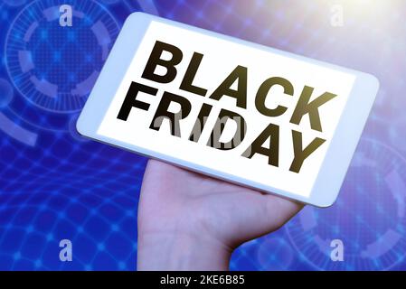 Textunterschrift mit Black Friday. Wort geschrieben an einem Tag, an dem Verkäufer ihre Preise ausschließlich für Käufer Stockfoto