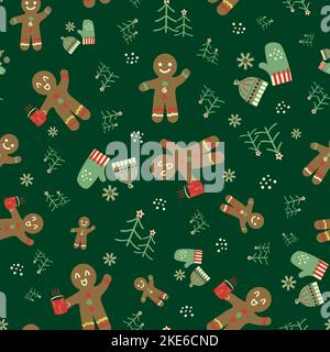 Niedliche Lebkuchen Männer, Winter Hüte Handschuhe, Bäume nahtlose Vektor-Muster Hintergrund. Traditionelle Weihnachtsmotive auf dunkelgrünem Hintergrund. Festliche Hand Stock Vektor