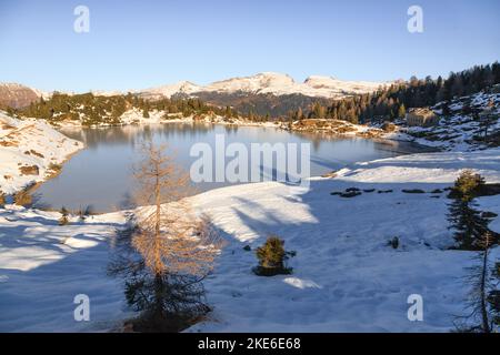 Colbricon Seen Winter View, San martino di Castrozza, Italien. Berglandschaft Stockfoto