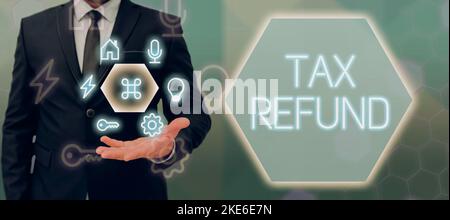 Inspiration zeigt Zeichen Steuerrückerstattung. Wort für angewendet, wenn die Geldhaftung geringer ist als die bezahlte Stockfoto