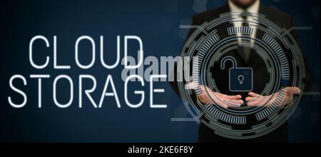 Text mit Inspiration Cloud Storage. Word für Computing verbindet Geräte mit Cloud-Daten auf Remote-Speicher Stockfoto