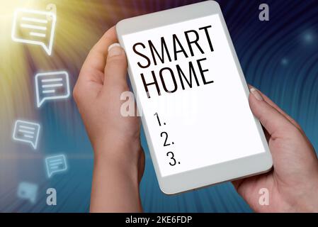 Schild mit Smart Home. Konzeptionelle Foto-Automation-System steuern Beleuchtung Klima-Entertainment-Systeme Stockfoto