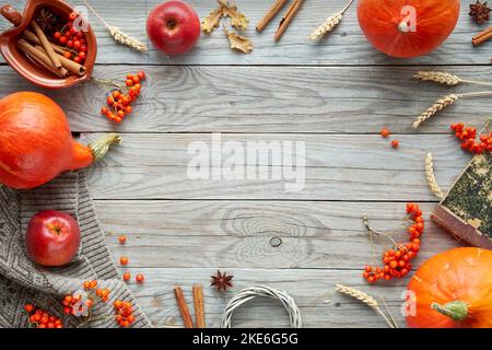 Rahmen aus orangefarbenen Hokkaido-Kürbissen, Eberesche, Äpfeln, Zimt. Herbstdekor auf altem Holz. Flach liegend, Draufsicht, Herbstsaison Hintergrund mit Stockfoto