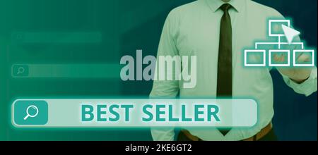 Schild mit dem Titel „Best Seller“, „Word“, geschrieben auf einer hochgekauften Ware, die in großen Mengen produziert wird Stockfoto