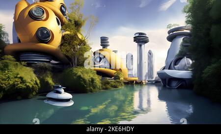 Futuristische Stadt, schönes Stadtbild mit Wasserstraßen und Raumschiffen Stockfoto