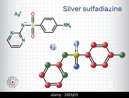 Silbersulfadiazin-Molekül. Es ist ein Sulfonamid-Antibiotikum, das zur Behandlung von Verbrennungen verwendet wird. Strukturelle chemische Formel, Molekülmodell. Blatt Pap Stock Vektor