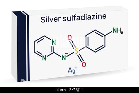 Silbersulfadiazin-Molekül. Es ist ein Sulfonamid-Antibiotikum, das zur Behandlung von Verbrennungen verwendet wird. Chemische Formel des Skeletts. Papierverpackungen für Medikamente. Vec Stock Vektor