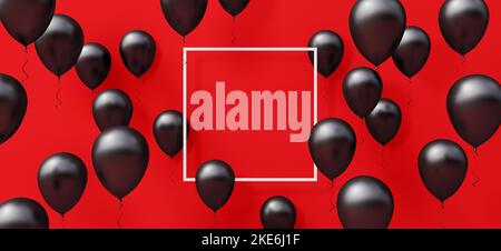 Modell mit leerem Rahmen auf rotem Hintergrund. Feier- und Jubiläumskonzept mit schwarzen Ballons 3D Render 3D Illustration Stockfoto