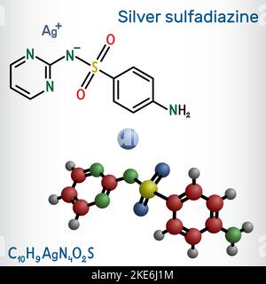 Silbersulfadiazin-Molekül. Es ist ein Sulfonamid-Antibiotikum, das zur Behandlung von Verbrennungen verwendet wird. Strukturelle chemische Formel, Molekülmodell. Vektor-Illus Stock Vektor