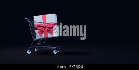 Großes Geschenk im Warenkorb. Weihnachtseinkaufkonzept auf schwarzem Hintergrund 3D Render 3D Illustration Stockfoto