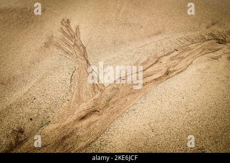 Ein HDR-Bild eines dentritischen Musters, das im Sand zurückgelassen wurde, als die Gezeiten am Strand von Balnakeil, nordwestlich von Sutherland, Schottland, zurückgegangen sind. 24. Oktober 2022 Stockfoto