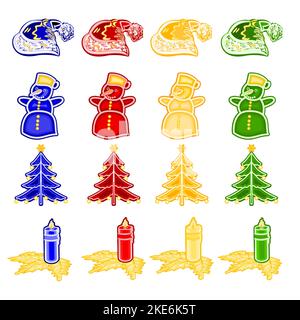 Weihnachten und Neujahr Dekoration mit Weihnachtsornamenten als Fayence weihnachtsbaum Kerzenhalter santo Hut Schneemann vintage Set drei Vektor-illustraa Stock Vektor