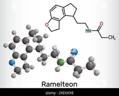 Ramelteon-Molekül. Es ist ein Melatonin-Rezeptoragonist, der zur Behandlung von Schlaflosigkeit verwendet wird. Strukturelle chemische Formel, Molekülmodell. Vektorgrafik Stock Vektor