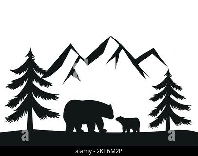 Vektor Doppelbelichtung, Bär für Ihr Design, Wildlife Konzept. Silhouette eines Bären, der auf einem Grashügel steht. Berge und Wald im Hintergrund. Mag Stock Vektor