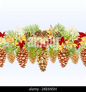 Weihnachten und Neujahr dekorative nahtlose Bordern Zweige mit goldenen Kiefernzapfen und Schneeflocken mit goldenen und roten Weihnachtsstern vintage Vektor-Illust Stock Vektor