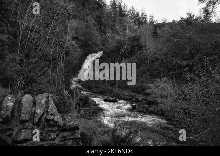 Der Wasserfall Grey Mares Schwanz befindet sich im Galloway Forest Park im Grenzgebiet Schottlands Stockfoto