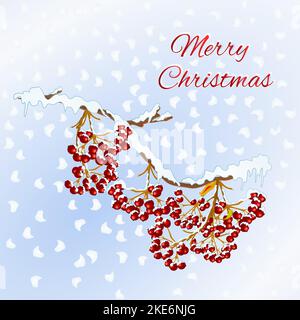 Fröhliche weihnachten Schriftzug Neujahr Feiertagsfeier Design mit Vogelbeeren auf Zweig mit Schnee bedeckt Saisonale Verkauf Werbeelement vi Stock Vektor
