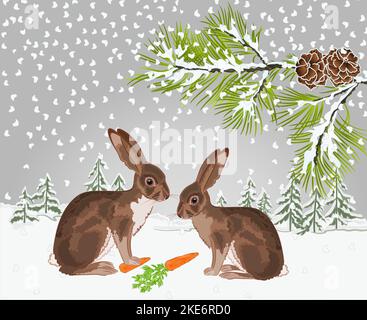 Winter Landschaft Wald mit Schnee mit einem Zweig eines Baumes und Hasen weihnachten Thema natürlichen Hintergrund vintage Vektor Illustration editierbare Handzeichnungen Stock Vektor