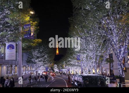 Tokio, Japan. 10.. November 2022. Am Donnerstag, den 10. November 2022, werden 800.000 weiße und blaue LED-Leuchten für die Weihnachtsbeleuchtung neben der Keyakizaka-Straße im Einkaufszentrum Roppongi Hills am Weihnachtstag in Tokio beleuchtet. Quelle: Yoshio Tsunoda/AFLO/Alamy Live News Stockfoto