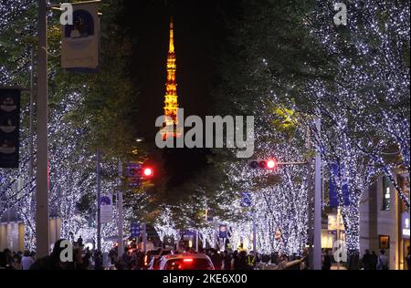 Tokio, Japan. 10.. November 2022. Am Donnerstag, den 10. November 2022, werden 800.000 weiße und blaue LED-Leuchten für die Weihnachtsbeleuchtung neben der Keyakizaka-Straße im Einkaufszentrum Roppongi Hills am Weihnachtstag in Tokio beleuchtet. Quelle: Yoshio Tsunoda/AFLO/Alamy Live News Stockfoto