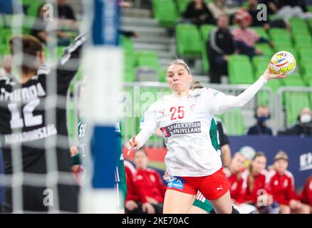 LJUBLJANA, SLOWENIEN - 10. NOVEMBER: Trine Jensen Ostergaard aus Dänemark wirft beim EHF-Handball-Europameisterschaftsspiel zwischen Ungarn und Dänemark in der Arena Stozice am 10. November 2022 in Ljubljana, Slowenien, ein Tor. Foto: Slavko Midzor/PIXSELL Stockfoto