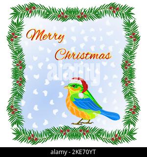 Rahmen aus Eibe und weihnachten niedlichen Vogel mit einem weihnachtsmann Kappe Schriftzug Merry christmas vintage Vektor Illustration editierbar Handzeichnungen Stock Vektor