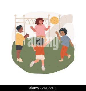 Werfen und fangen Spiel isoliert Cartoon Vektor Illustration. Kinder stehen im Kreis, Kinder werfen Ball zueinander, Spielplatz Aktivität, folgen den Regeln, Aussparung Spiel Vektor Cartoon. Stock Vektor