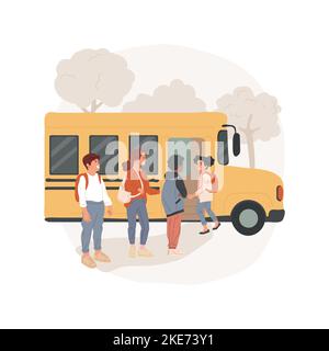 Schule Bus isoliert Cartoon Vektor Illustration. Transportsystem, traditionelle öffentliche Schule, studentische Lebensweise, Kinder mit Rucksäcken, die in einem gelben Bus an der Haltestelle Vektorgrafik Cartoon. Stock Vektor