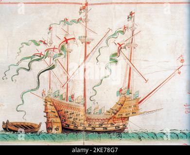 Die Carrack Henri Grace à Dieu, Henry Grace à Dieu ('Henry, Thanks Be To God'), auch bekannt als Great Harry, englische Carrack oder 'großes Schiff' der königlichen Flotte im 16.. Jahrhundert Stockfoto