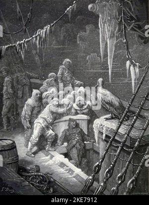 Gravur einer Szene aus der Rime des antiken Mariners. Die gefrorene Crew und der Albatross von Gustave Doré (1876) Gedicht von Samuel Taylor Coleridge Stockfoto