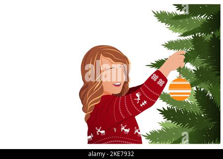 Kleines Mädchen in einem roten Neujahrspullover, hängt eine Weihnachtsbaumdekoration auf dem Weihnachtsbaum.Vektor-Illustration, Banner, kein Gesicht Stil Stock Vektor