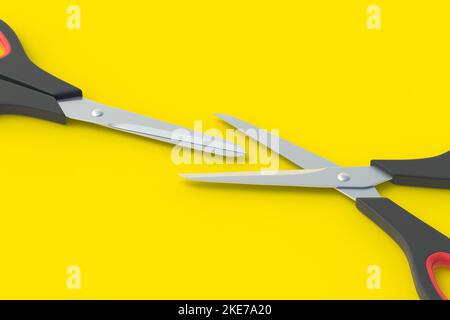 Schere auf gelbem Hintergrund. Friseurausrüstung. Schreibwaren Accessoires. Vorschulbildung. 3D Rendern Stockfoto