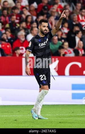 Sevilla, Sevilla, Spanien. 9.. November 2022. Brais Mendez von Real Sociedad feiert am 09. November 2022 im La Liga Santader-Spiel zwischen Sevilla CF und Real Sociedad bei Ramon Sanchez Pizjuan in Sevilla, Spanien, ein Tor. (Bild: © Jose Luis Contreras/DAX via ZUMA Press Wire) Stockfoto