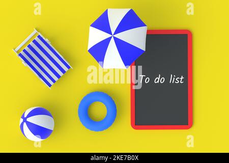 Einschreibung zu tun Liste auf Kreidetafel in der Nähe von Strandstuhl, Sonnenschirm, Ball, Rettungsring. Sommerurlaub. Reisekonzept. Touristentour. 3D Rendern Stockfoto