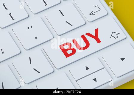 Computertastatur mit Wort kaufen. Online-Shopping. E-Commerce-Konzept. Schnellbestellung. Einfacher Kauf. 3D Rendern Stockfoto