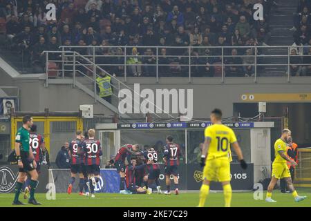 Mailand, Italien. 9.. November 2022. Italien, Mailand, 9 2022. november: Charalampos Lykogiannis (Verteidiger des fc Bologna) punktet und feiert das 1-0-Tor bei 22' während des Fußballspiels FC INTER gegen DEN FC BOLOGNA, Serie A 2022-2023 day14 San Siro (Bildquelle: © Fabrizio Andrea Bertani/Pacific Press via ZUMA Press Wire) Stockfoto