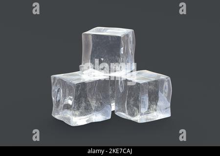 Stapel von Eiswürfeln auf schwarzem Hintergrund. 3D Rendern Stockfoto