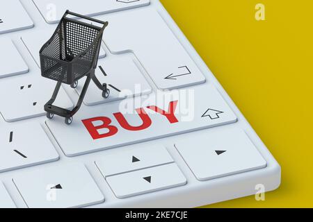 Computer-Tastatur mit Wort kaufen in der Nähe von Markt Warenkorb. Online-Shopping. E-Commerce-Konzept. Schnellbestellung. Einfacher Kauf. 3D Rendern Stockfoto