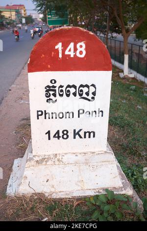 Distanz-Meilenstein nach Phnom Penh in Kampot Kambodscha Stockfoto