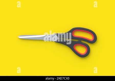 Schere auf gelbem Hintergrund. Friseurausrüstung. Schreibwaren Accessoires. Vorschulbildung. 3D Rendern Stockfoto