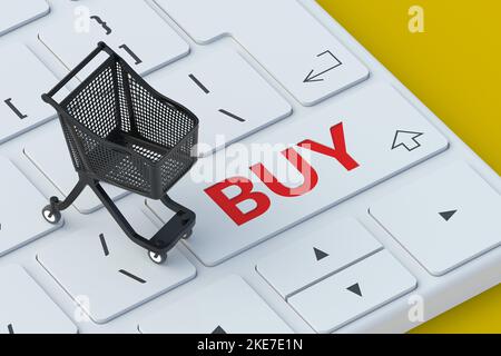 Computer-Tastatur mit Wort kaufen in der Nähe von Markt Warenkorb. Online-Shopping. E-Commerce-Konzept. Schnellbestellung. Einfacher Kauf. 3D Rendern Stockfoto