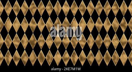 Nahtloses goldenes Harlekin-Schachmuster. Vintage abstrakt vergoldet Relief Skulptur auf schwarzem Hintergrund. Modern elegant Metallic Luxus b Stockfoto