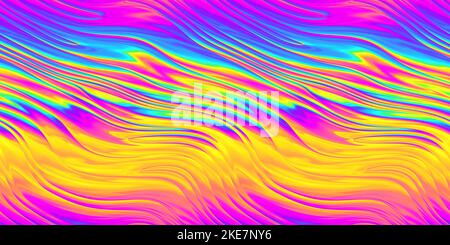 Nahtlose psychedelischen Regenbogen Heatmap geschmolzenen welligen Glas Refraktionsstreifen Muster Hintergrund Textur. Trippiges, abstraktes modisches Hippie-Dopamin-Motiv. Br Stockfoto