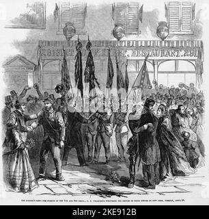 The Soldier's Rest - The Friends of the 7. and 8. Regiments, New York Volunteers welcoming the Return of their Heroes to New York, Tuesday, 28.. April 1863. Illustration des amerikanischen Bürgerkriegs des 19.. Jahrhunderts aus Frank Leslie's Illustrated Newspaper Stockfoto