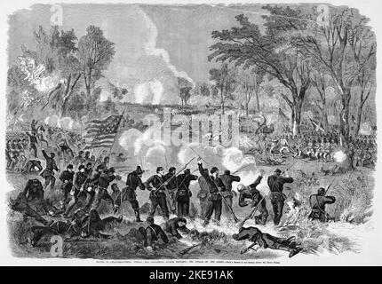 Schlacht von Chancellorsville, Sonntag, 8.. Mai 1863 - General Joseph Hooker wehrt den Angriff des Feindes ab. Illustration des amerikanischen Bürgerkriegs des 19.. Jahrhunderts aus Frank Leslie's Illustrated Newspaper Stockfoto